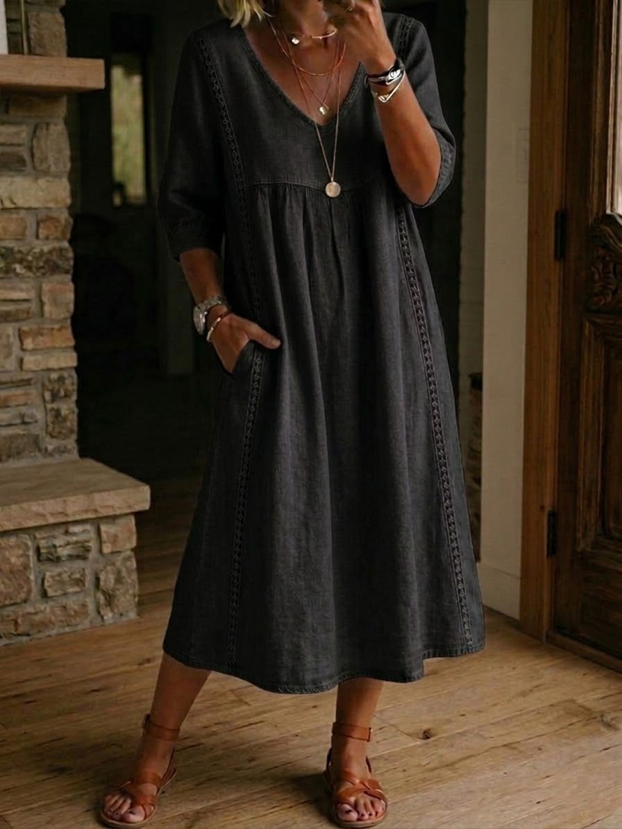 Relaxed Maxi Dress with Crochet Trim and V-Neckline