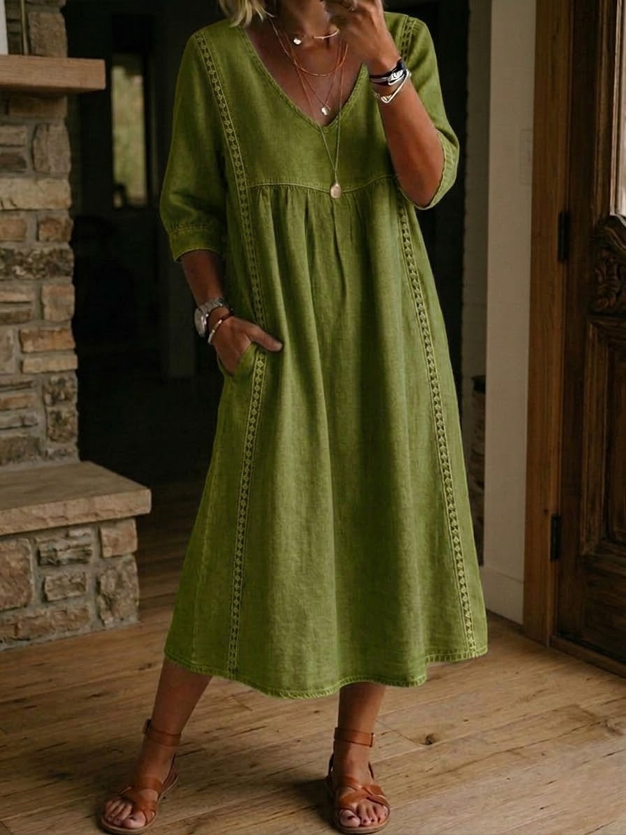 Relaxed Maxi Dress with Crochet Trim and V-Neckline