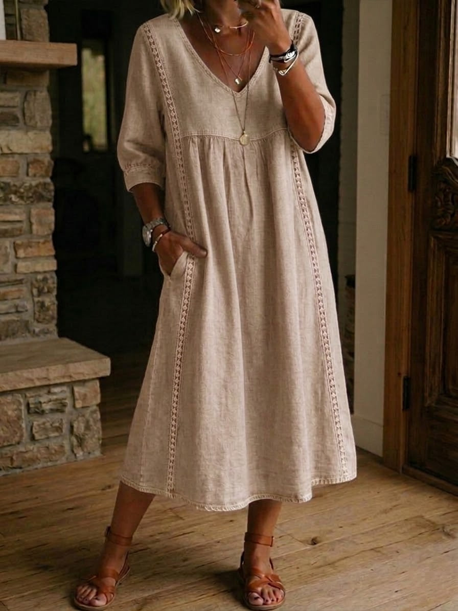 Relaxed Maxi Dress with Crochet Trim and V-Neckline