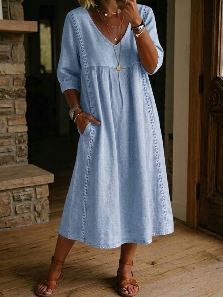 Relaxed Maxi Dress with Crochet Trim and V-Neckline