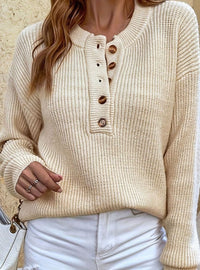 Relaxed Ribbed Henley Sweater with Button Placket