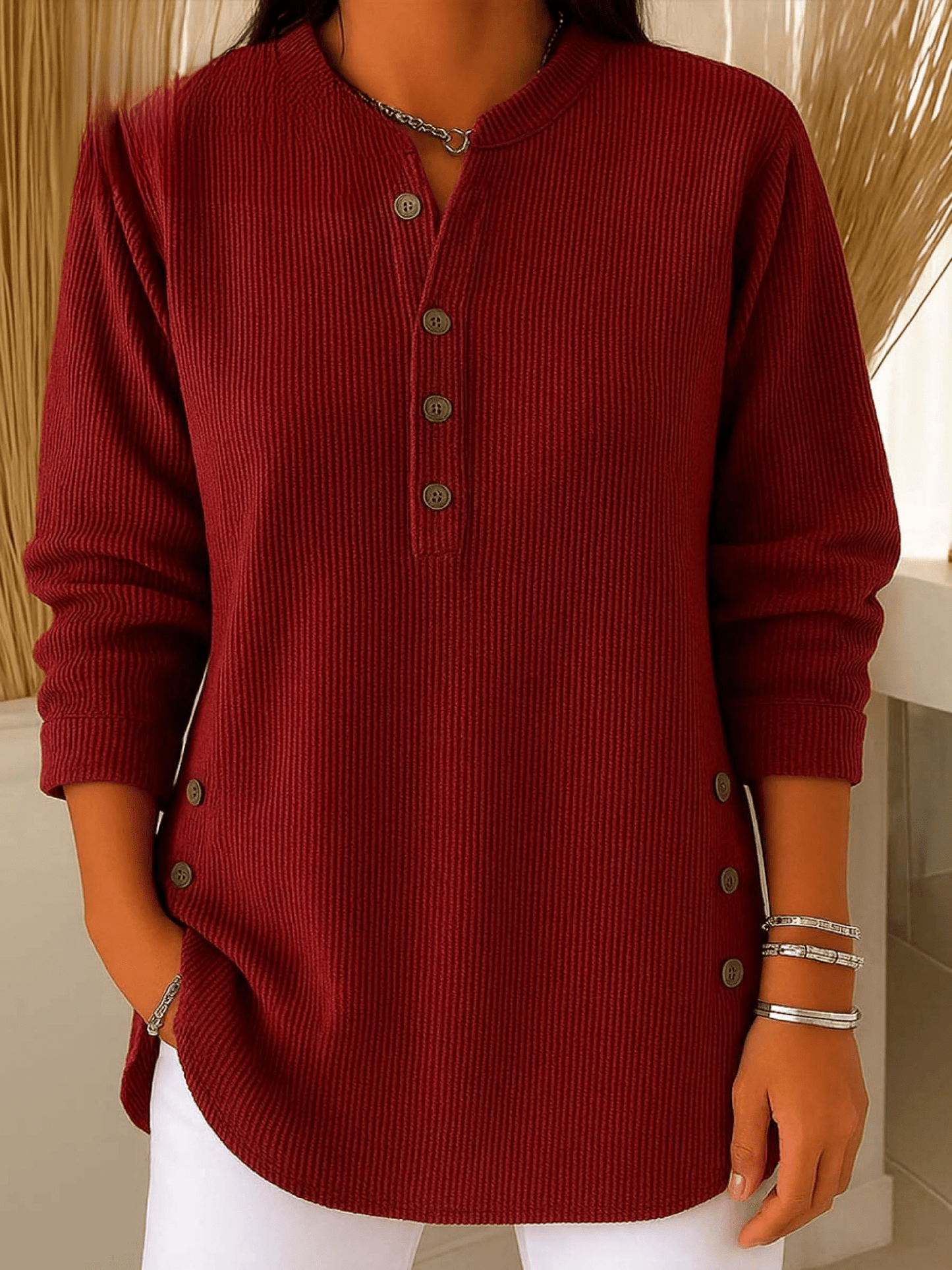 Relaxed Ribbed Henley Top with Long Sleeves and Side Button Detail