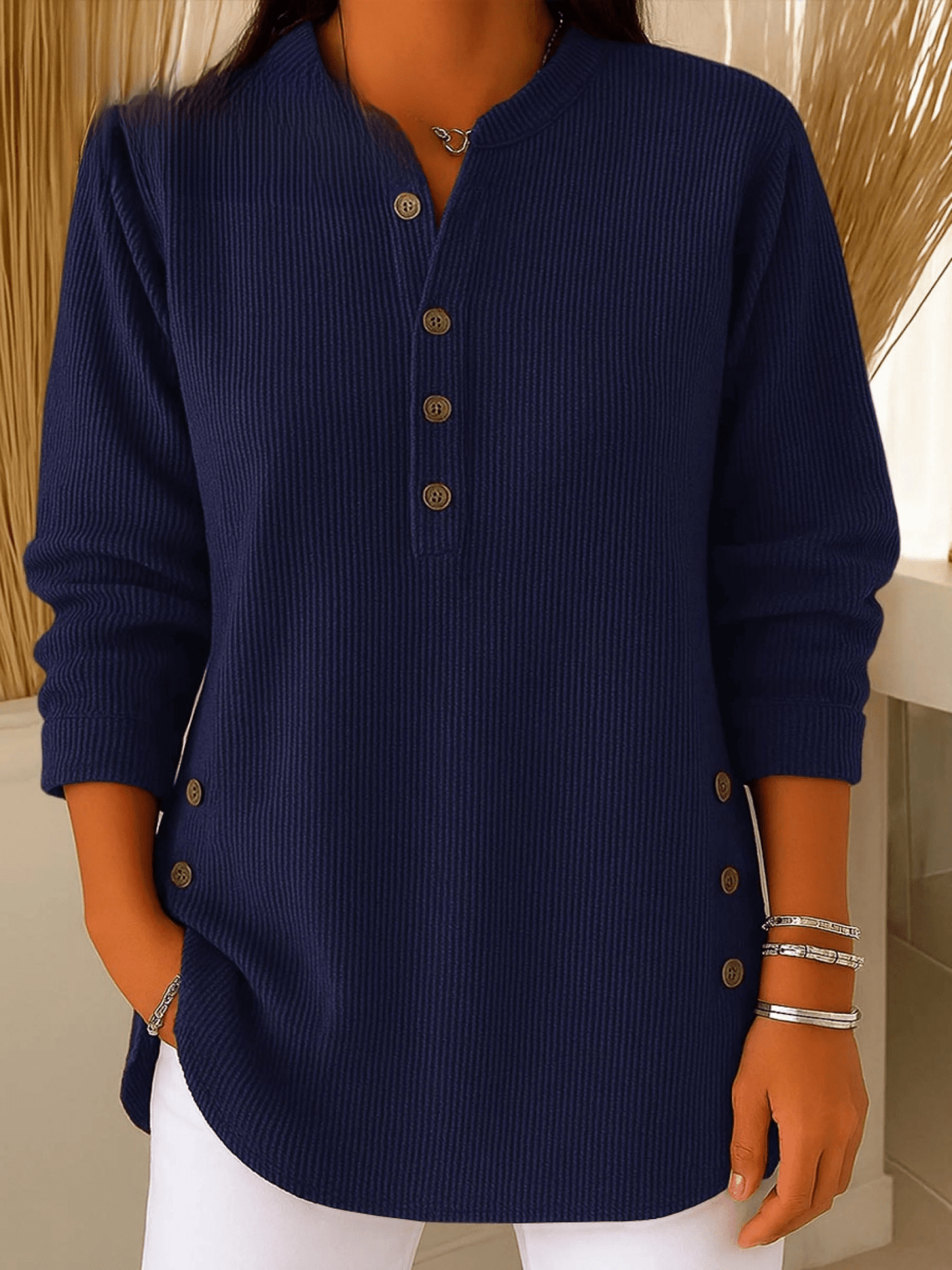 Relaxed Ribbed Henley Top with Long Sleeves and Side Button Detail
