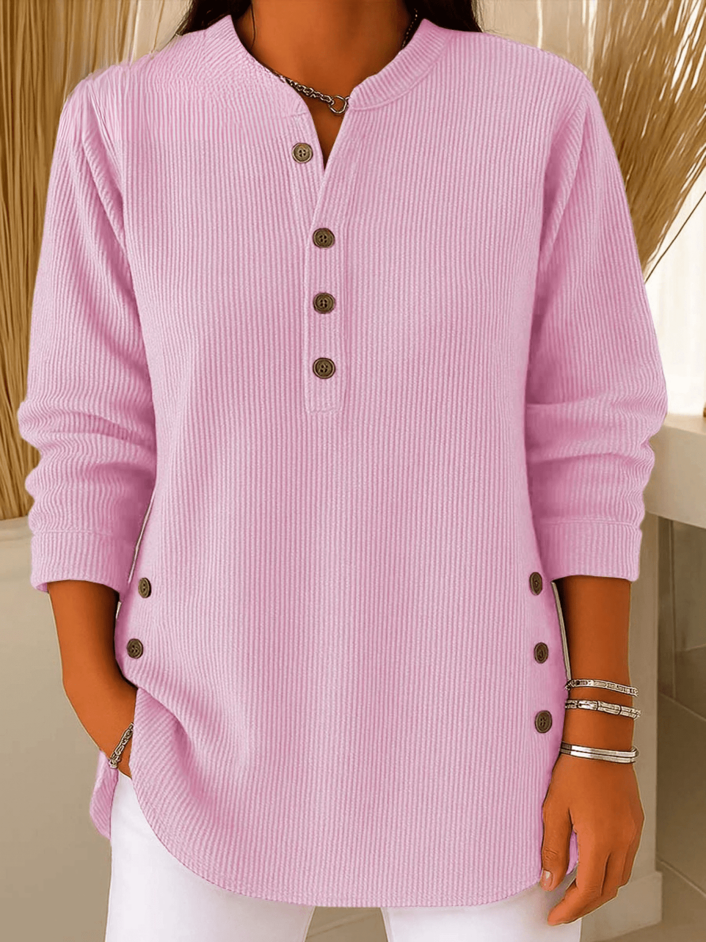 Relaxed Ribbed Henley Top with Long Sleeves and Side Button Detail
