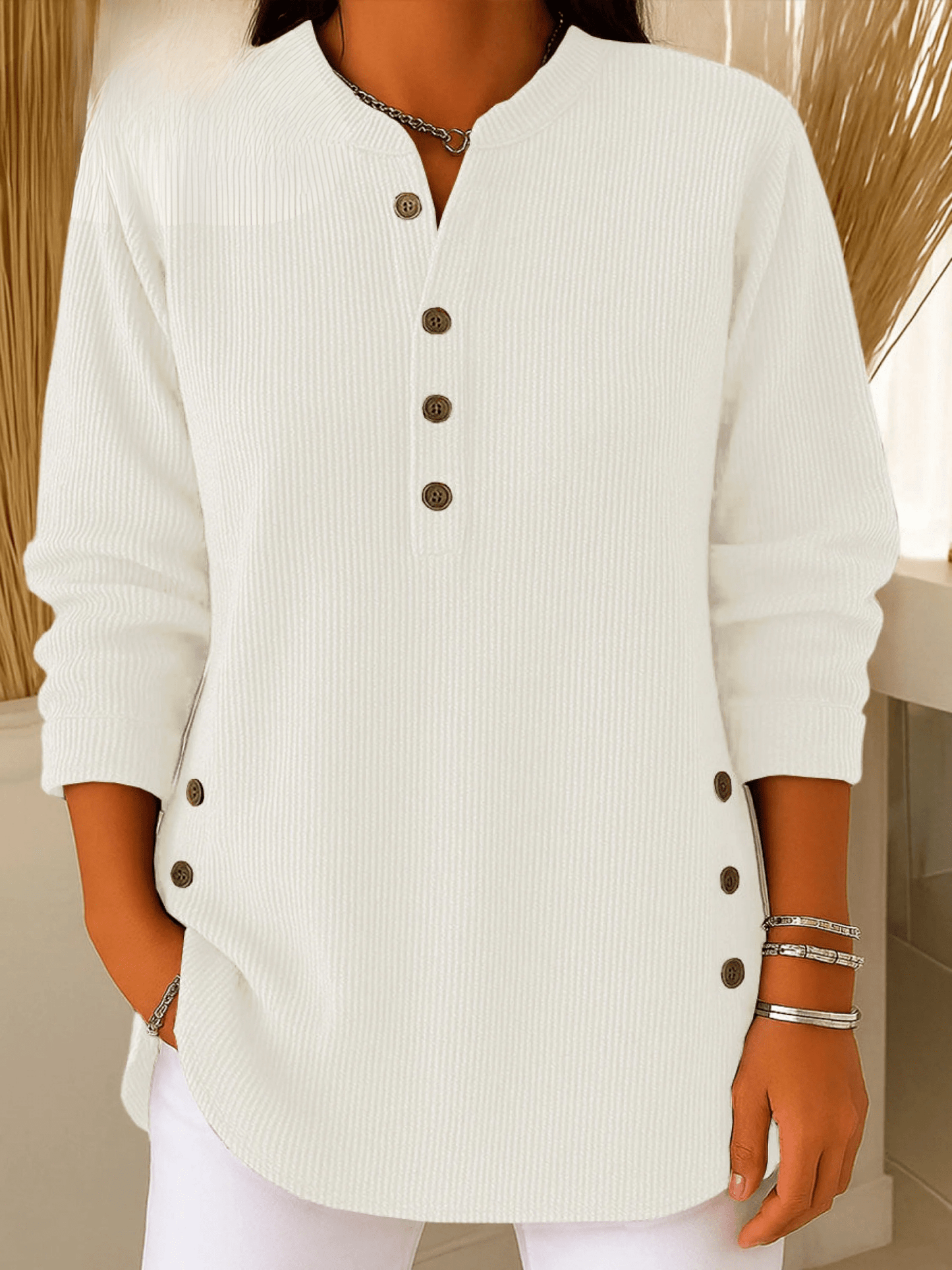 Relaxed Ribbed Henley Top with Long Sleeves and Side Button Detail