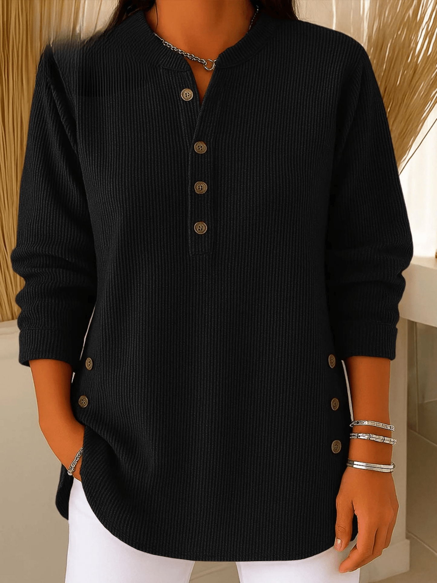 Relaxed Ribbed Henley Top with Long Sleeves and Side Button Detail