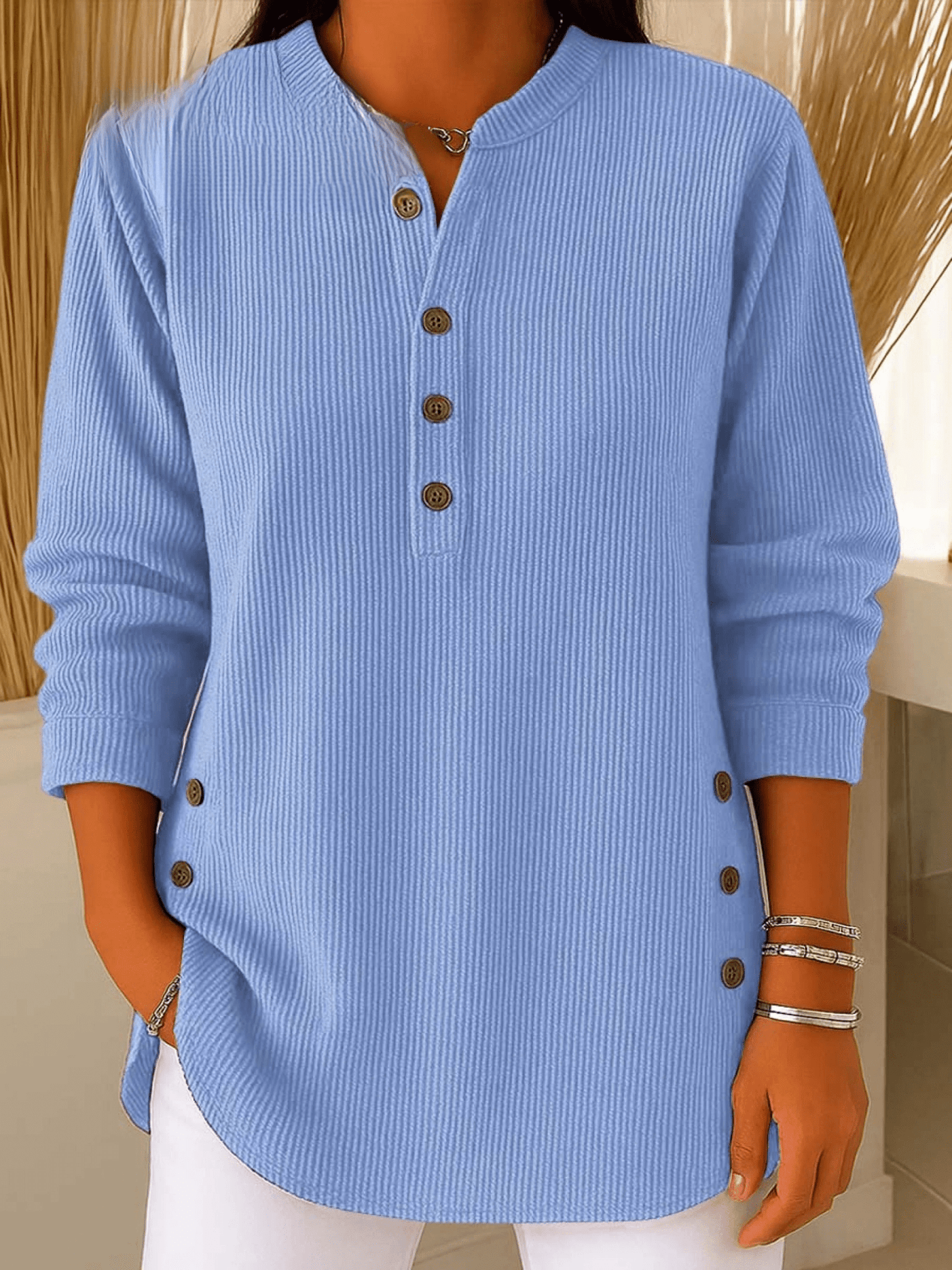 Relaxed Ribbed Henley Top with Long Sleeves and Side Button Detail