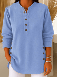 Relaxed Ribbed Henley Top with Long Sleeves and Side Button Detail