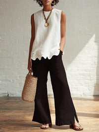 Relaxed Sleeveless Linen Top with Scallop Trim Detail