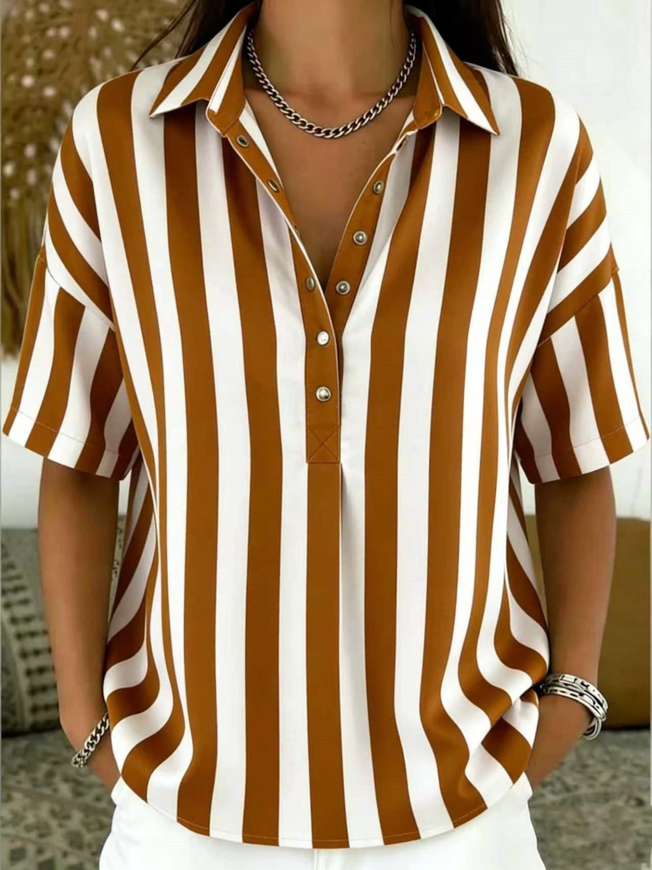 Relaxed Striped Blouse with Collar and Short Sleeves