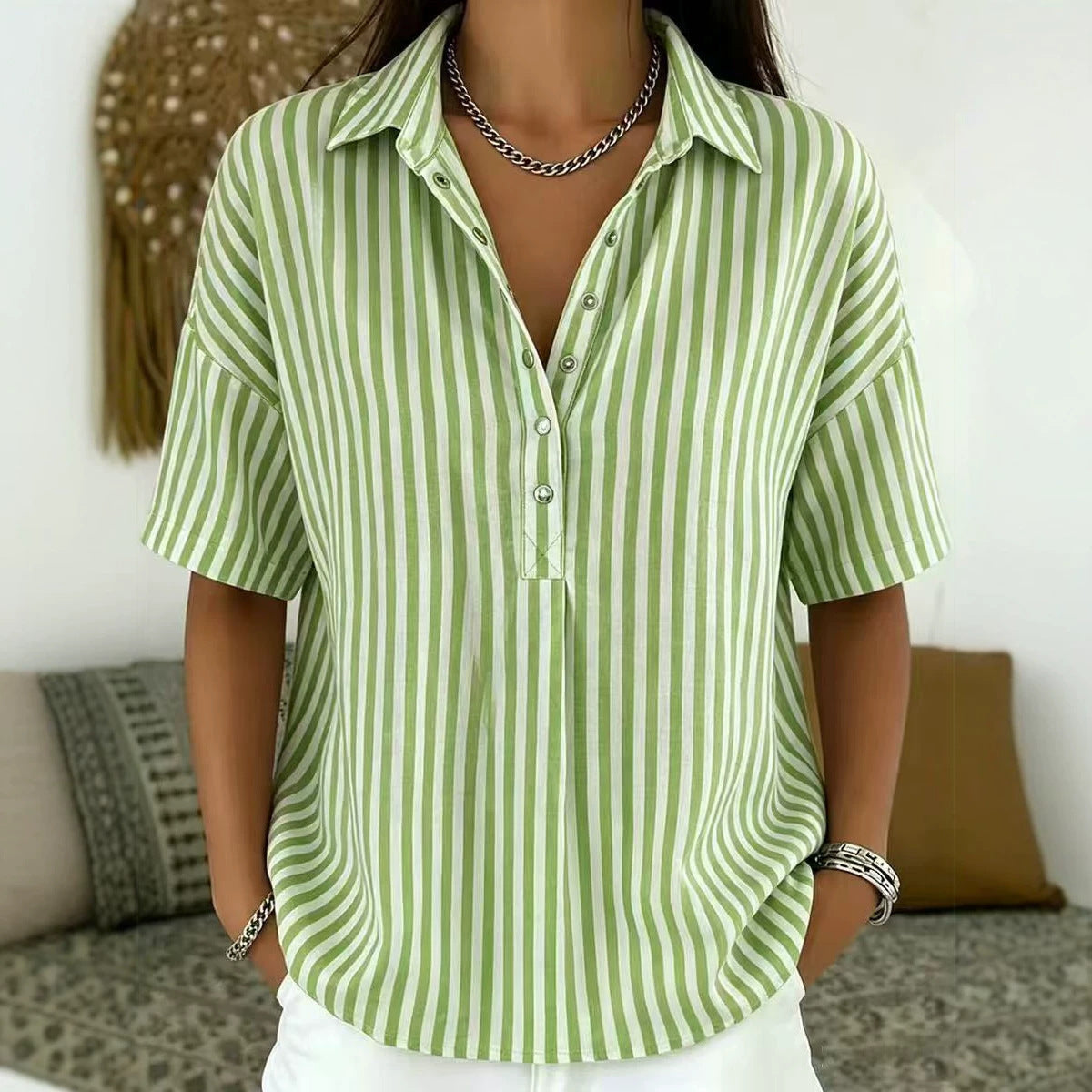 Relaxed Striped Blouse with Collar and Short Sleeves