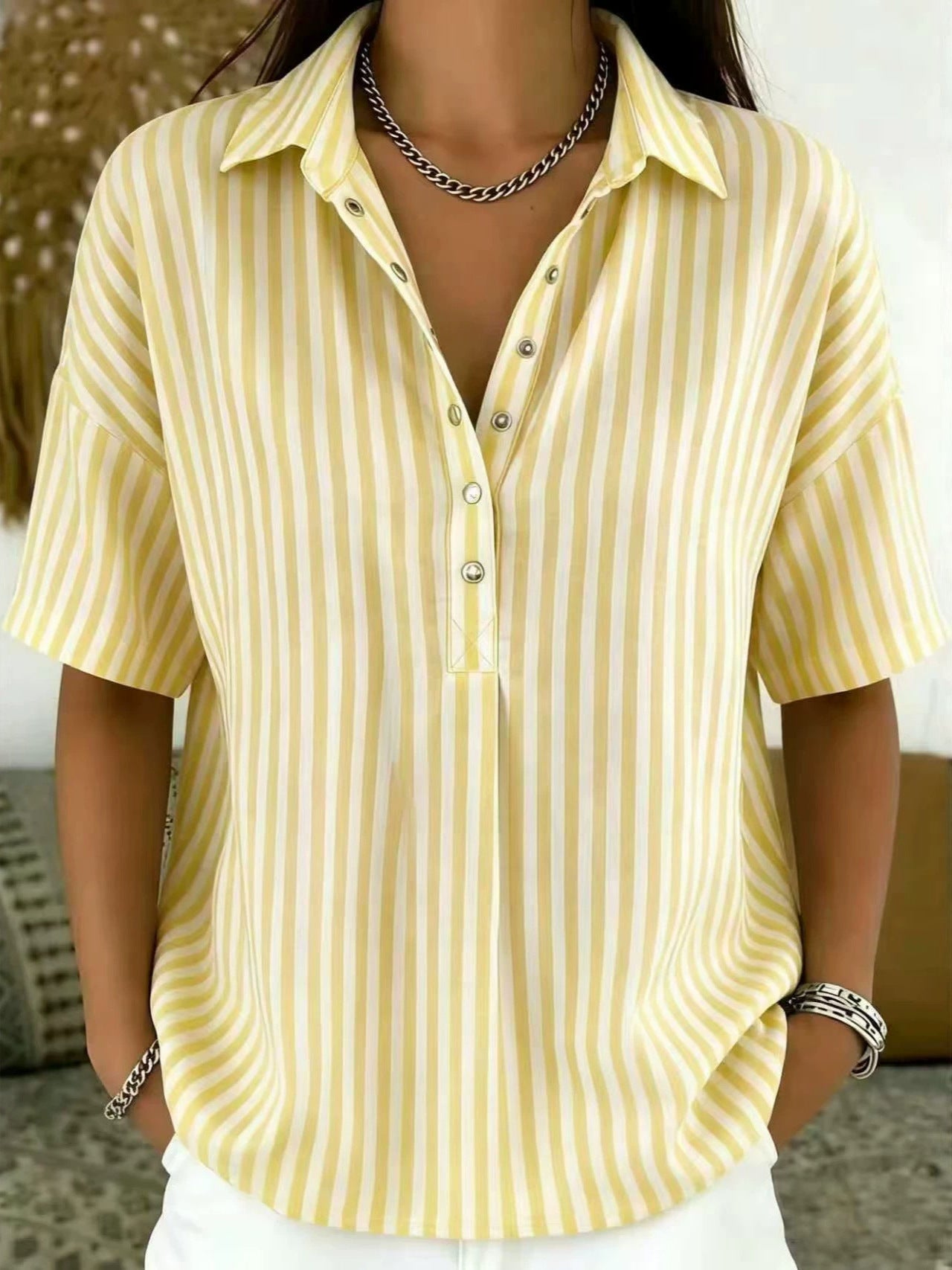 Relaxed Striped Blouse with Collar and Short Sleeves