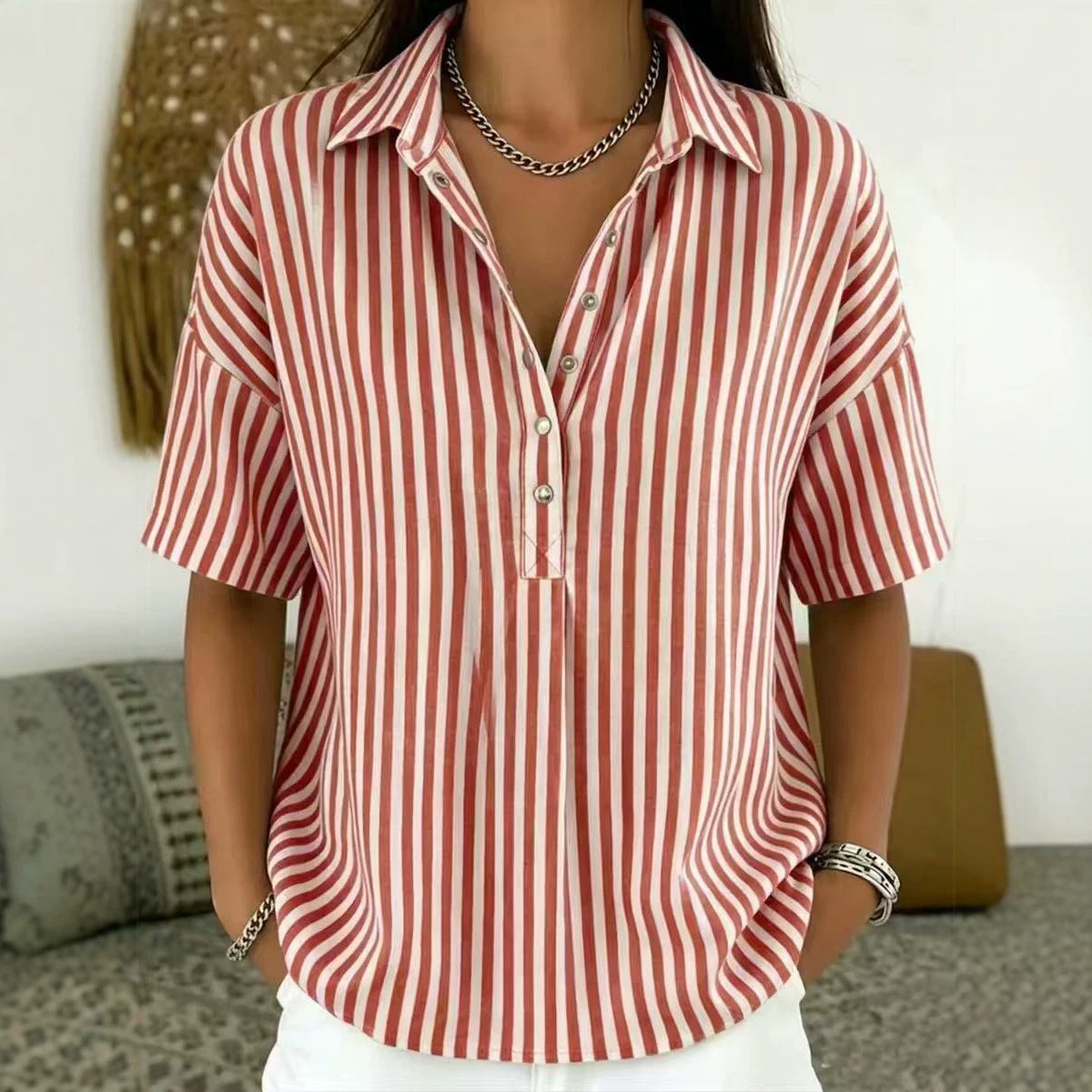 Relaxed Striped Blouse with Collar and Short Sleeves