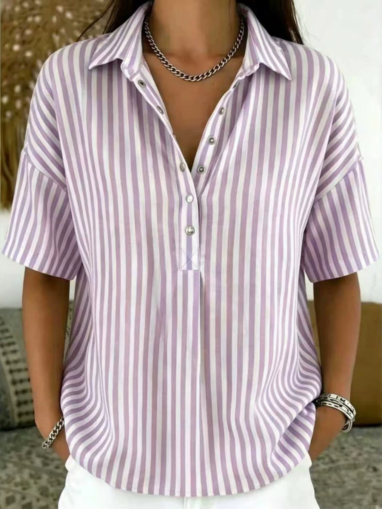 Relaxed Striped Blouse with Collar and Short Sleeves