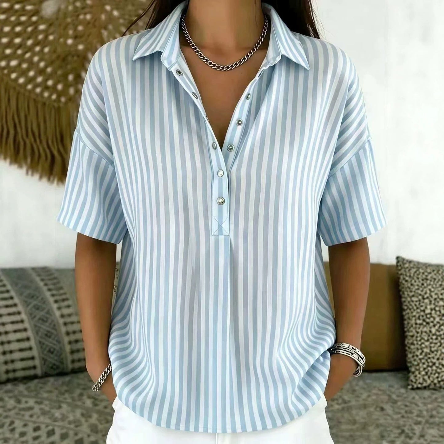 Relaxed Striped Blouse with Collar and Short Sleeves