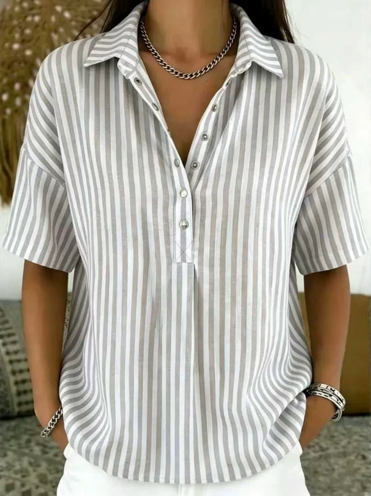Relaxed Striped Blouse with Collar and Short Sleeves