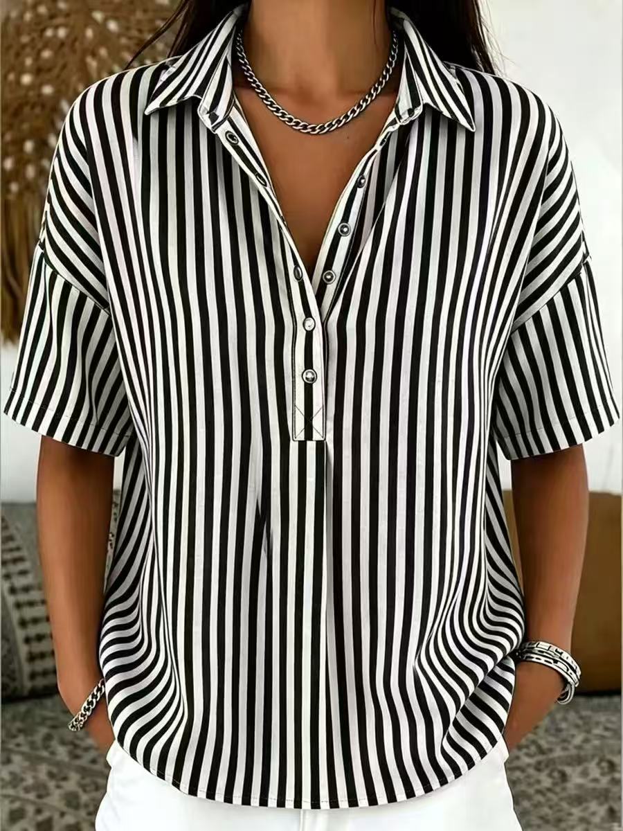 Relaxed Striped Blouse with Collar and Short Sleeves