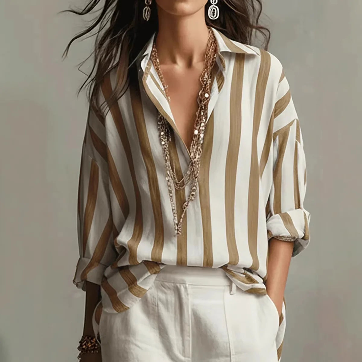 Relaxed Striped Linen Blouse with Collar and Long Sleeves
