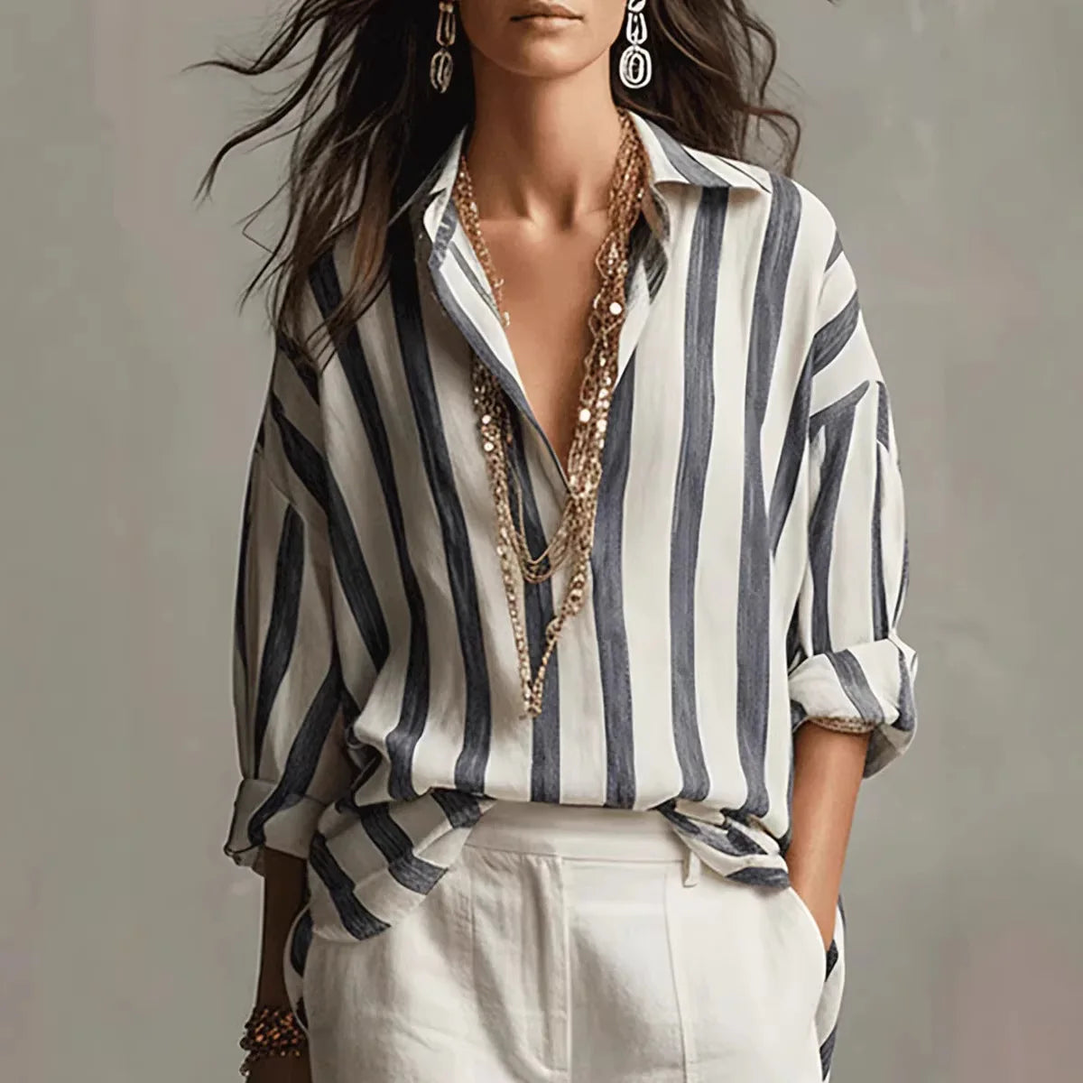 Relaxed Striped Linen Blouse with Collar and Long Sleeves