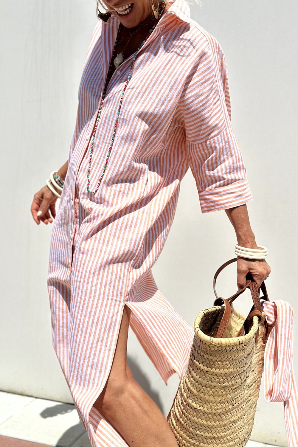 Relaxed Striped Linen Shirt Dress with Tie Waist and Side Split