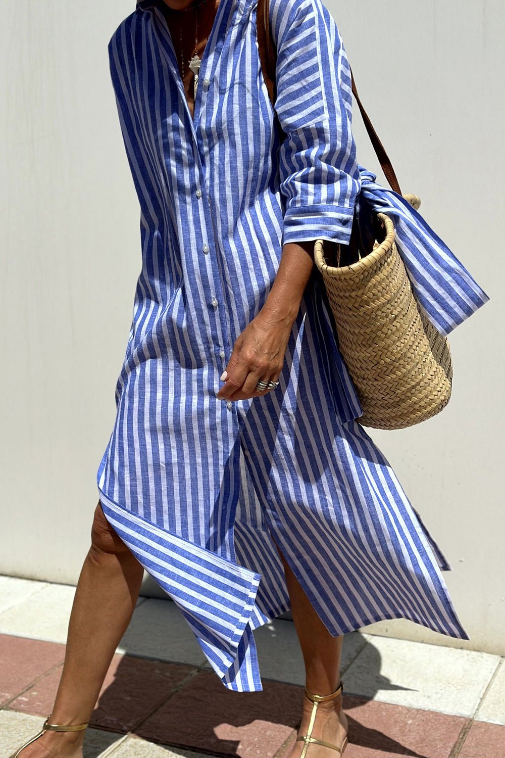 Relaxed Striped Linen Shirt Dress with Tie Waist and Side Split