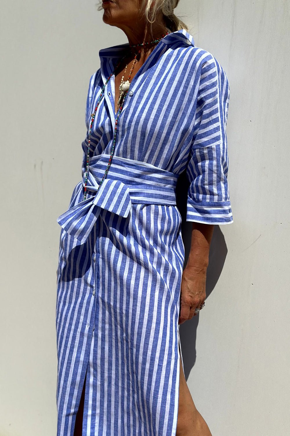 Relaxed Striped Linen Shirt Dress with Tie Waist and Side Split