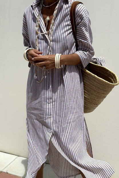 Relaxed Striped Linen Shirt Dress with Tie Waist and Side Split