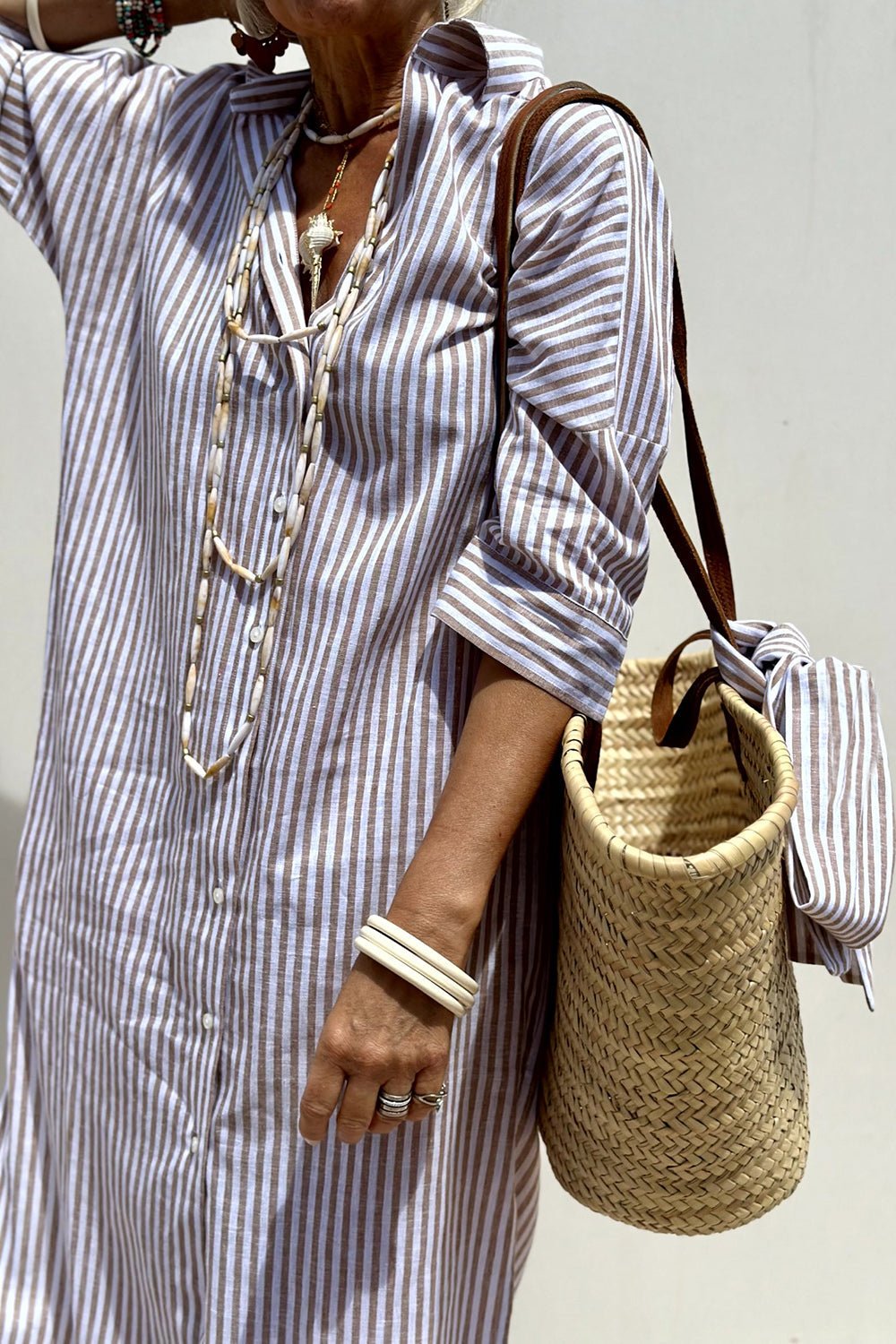 Relaxed Striped Linen Shirt Dress with Tie Waist and Side Split