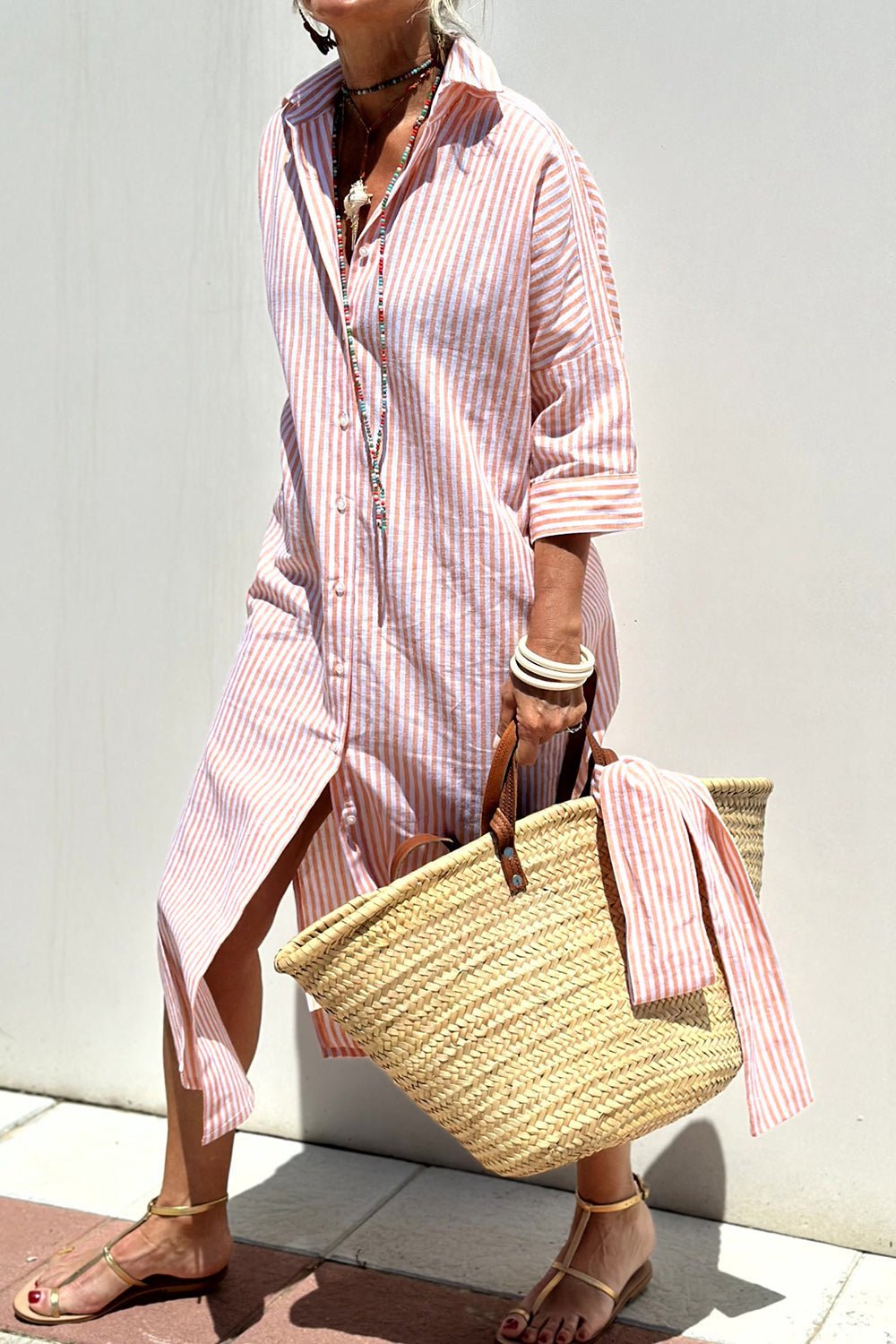 Relaxed Striped Linen Shirt Dress with Tie Waist and Side Split