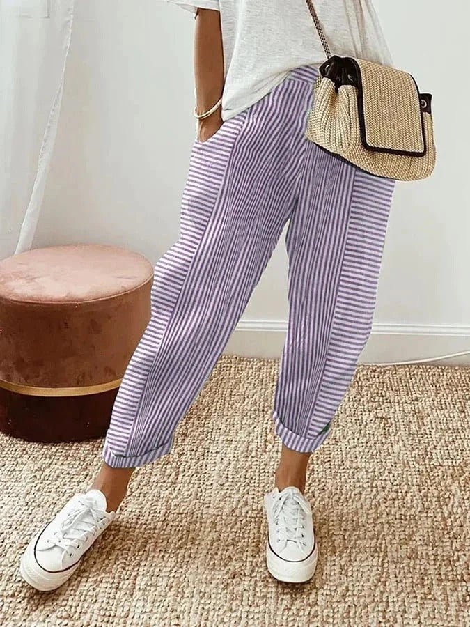 Relaxed Striped Linen Trousers with Elasticated Waist