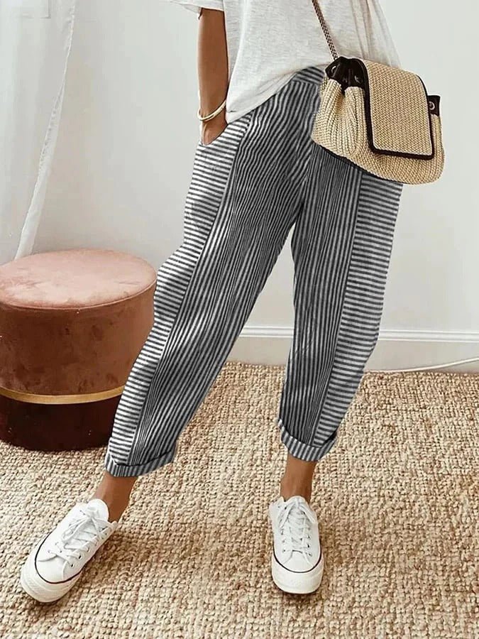 Relaxed Striped Linen Trousers with Elasticated Waist
