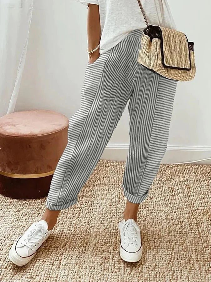 Relaxed Striped Linen Trousers with Elasticated Waist