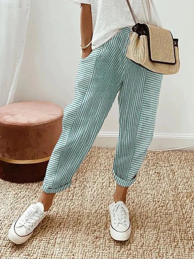 Relaxed Striped Tapered Trousers with Elasticated Waist