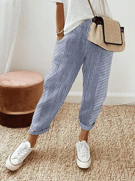 Relaxed Striped Linen Trousers with Elasticated Waist