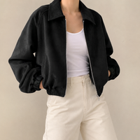 Relaxed Suede Cropped Bomber Jacket with Collar and Elasticated Hem