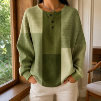 Relaxed Waffle Knit Henley Top with Colour Block Pattern