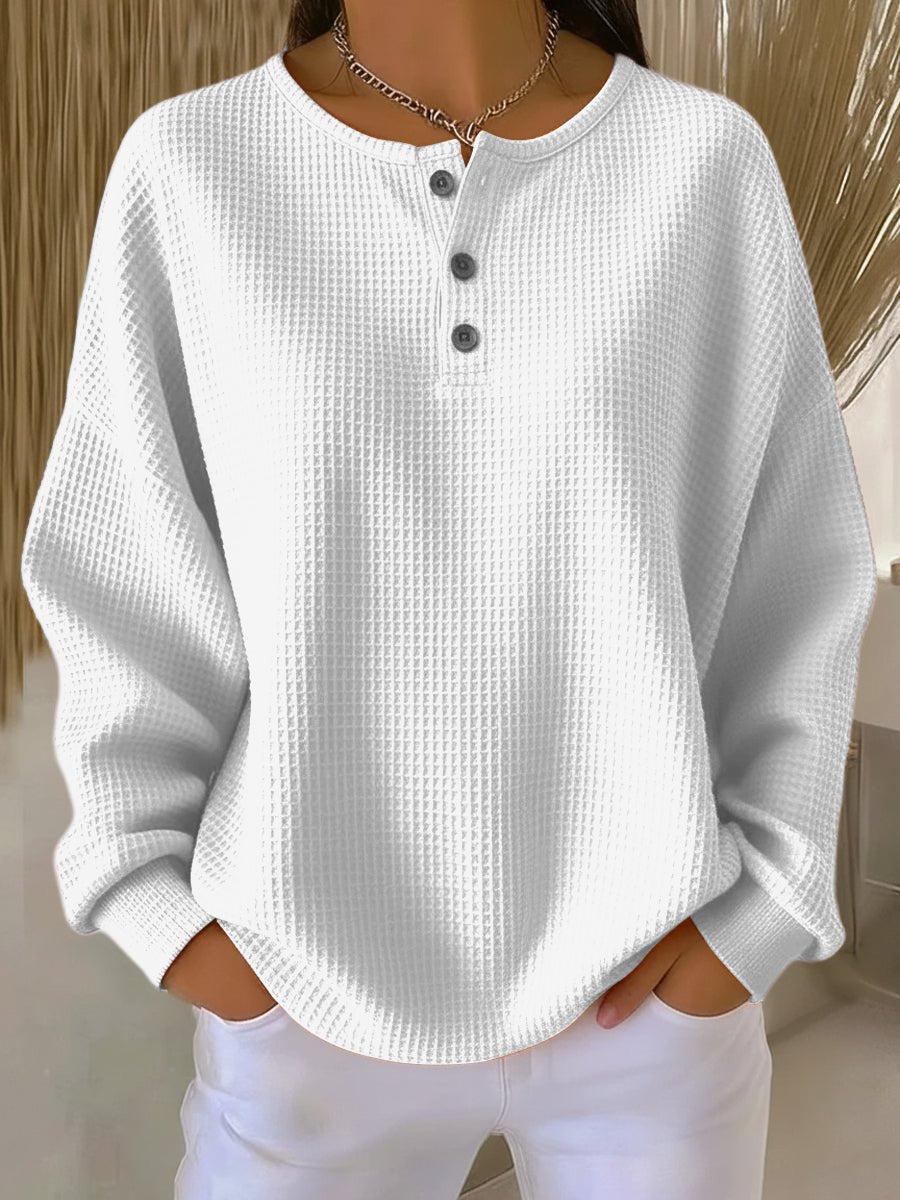 Relaxed Waffle Knit Henley Top with Long Sleeves