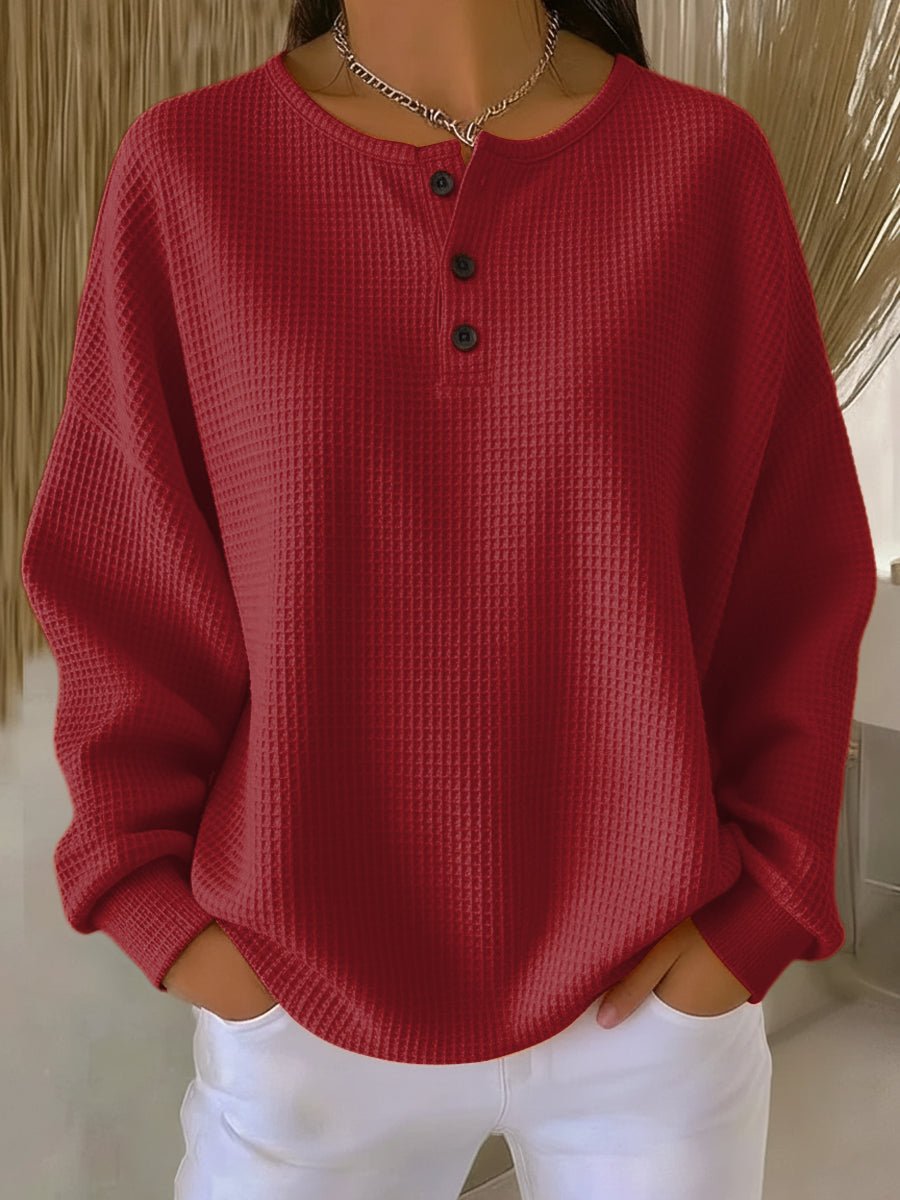 Relaxed Waffle Knit Henley Top with Long Sleeves