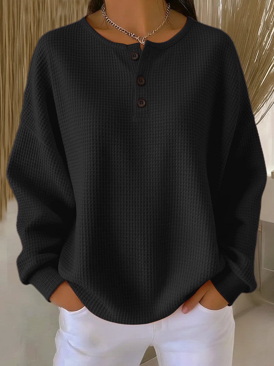 Relaxed Waffle Knit Henley Top with Long Sleeves