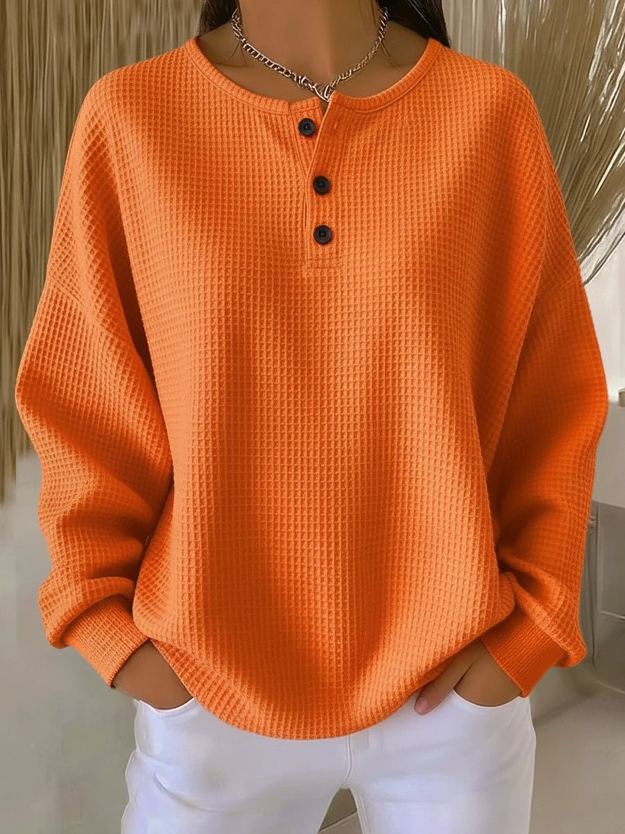 Relaxed Waffle Knit Henley Top with Long Sleeves