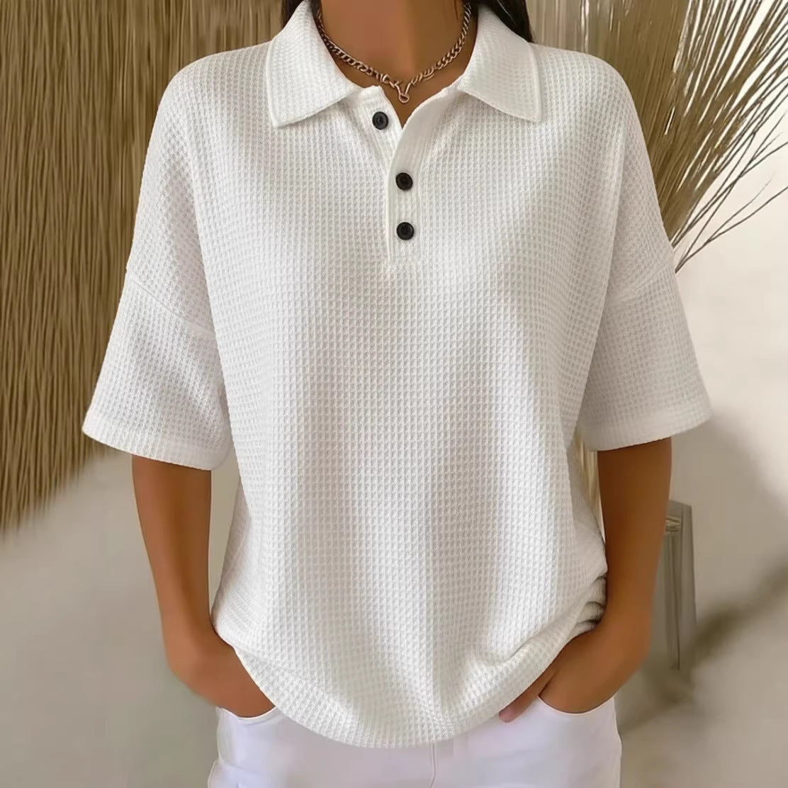 Relaxed Waffle Knit Polo Top with Collar and Button Detail