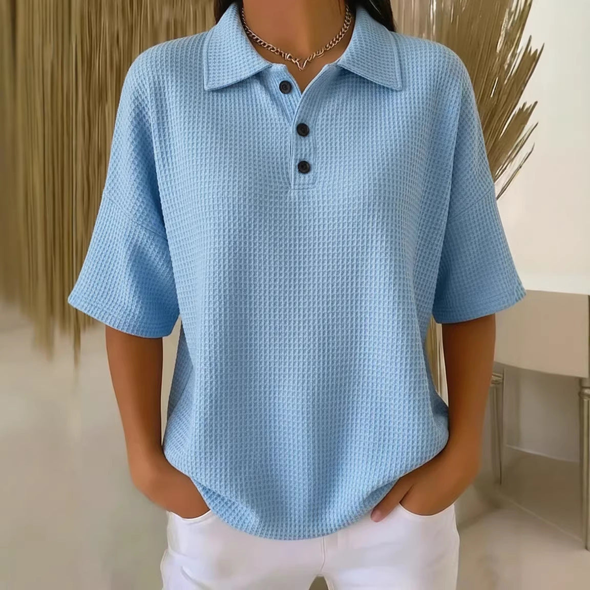Relaxed Waffle Knit Polo Top with Collar and Button Detail