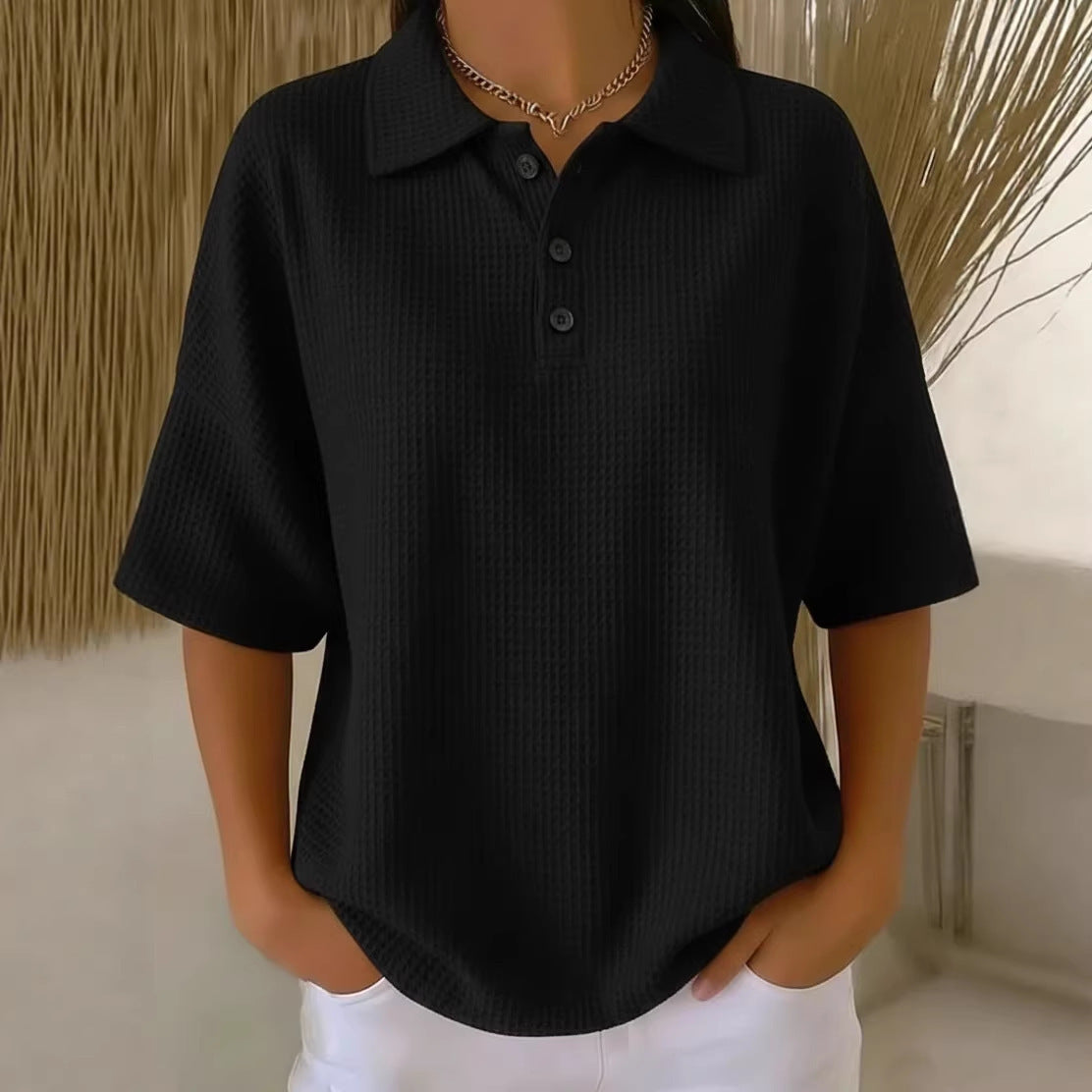 Relaxed Waffle Knit Polo Top with Collar and Button Detail