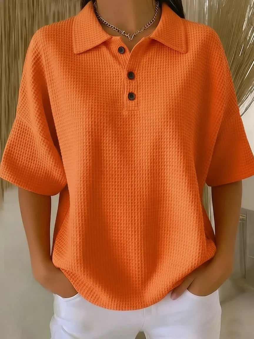Relaxed Waffle Knit Polo Top with Collar and Button Detail