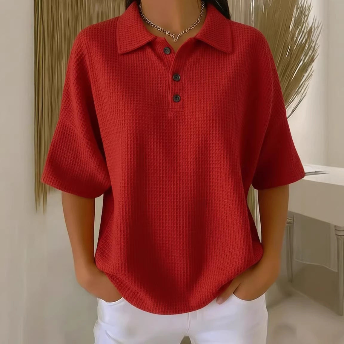 Relaxed Waffle Knit Polo Top with Collar and Button Detail