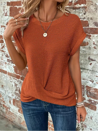 Relaxed Waffle Knit Top with Twist Hem Detail