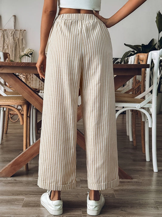 Relaxed Wide Leg Striped Trousers with Elasticated Drawstring Waist