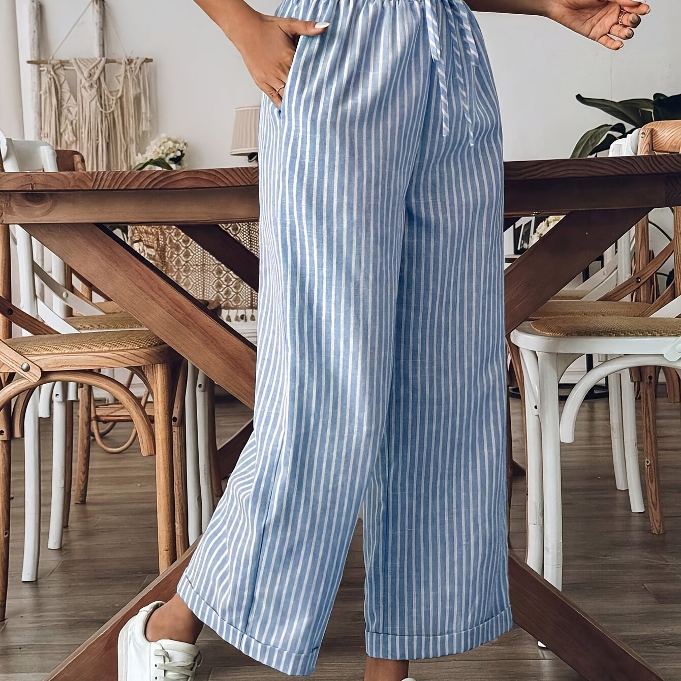 Relaxed Wide Leg Striped Trousers with Elasticated Drawstring Waist