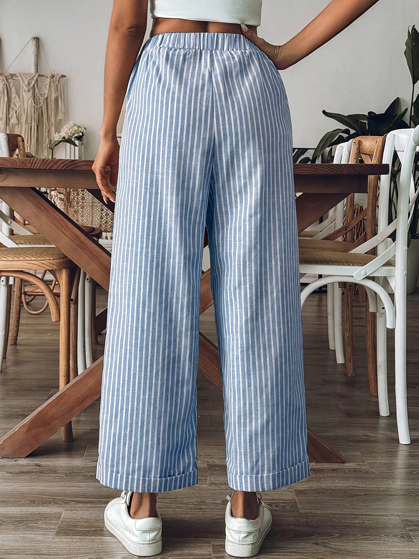 Relaxed Wide Leg Striped Trousers with Elasticated Drawstring Waist