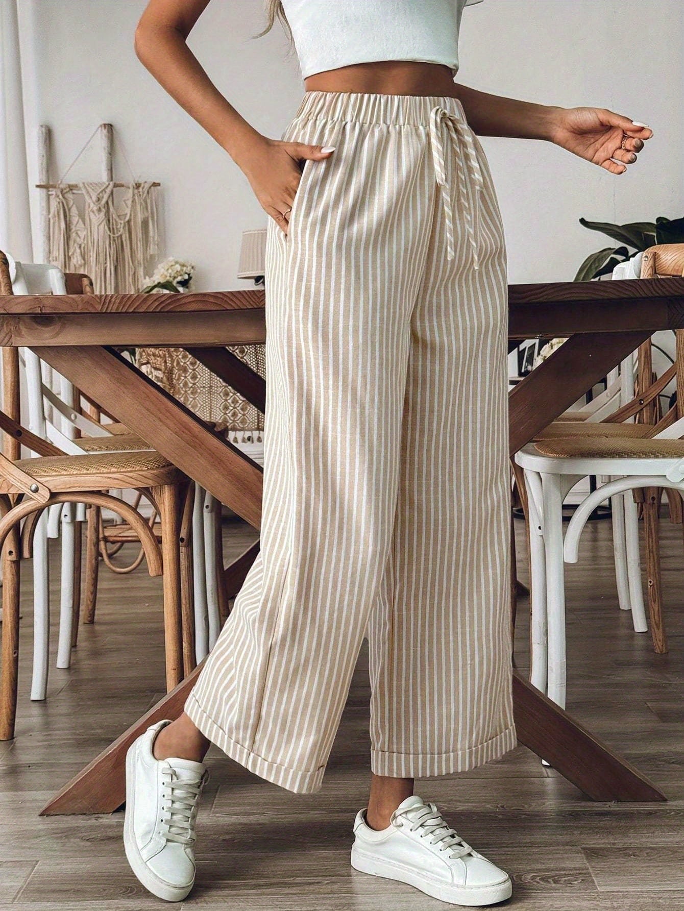 Relaxed Wide Leg Striped Trousers with Elasticated Drawstring Waist
